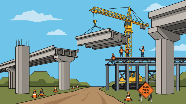 Highway Overpass Construction Vector Illustration