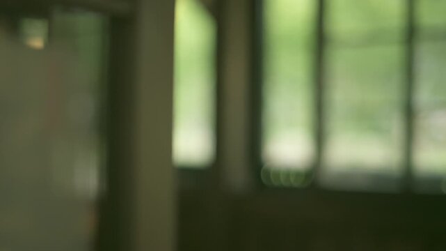 室内の木枠から窓の外の新緑へピントが移動する古民家の風景