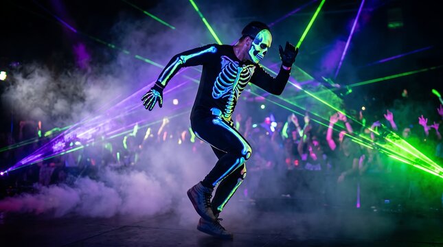 Dancer in glowing neon skeleton costume performing on stage with laser lights and smoke at Halloween party