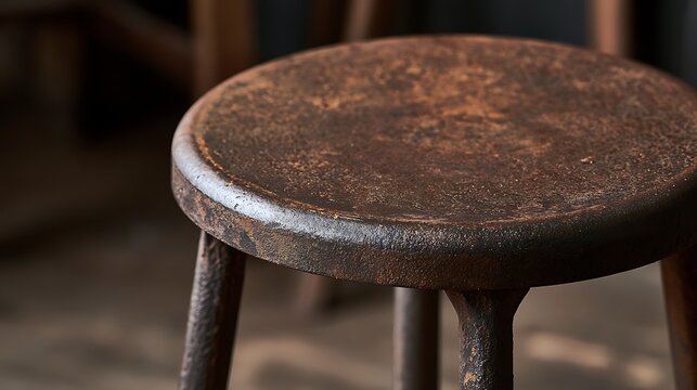 A close up view of an old rustic wooden stool in a dark room.