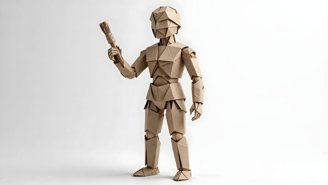 Crafted paper mannequin holding a pointer stick, showcasing jointed limbs and a light brown hue, ideal for artistic or instructional displays