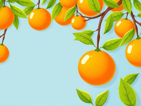 Bright cartoon orange fruit icon illustration with green leaves on a blue background, vibrant, leaves