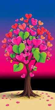 Stylized tree with heart-shaped leaves and flowers, ornate, || Whimsical