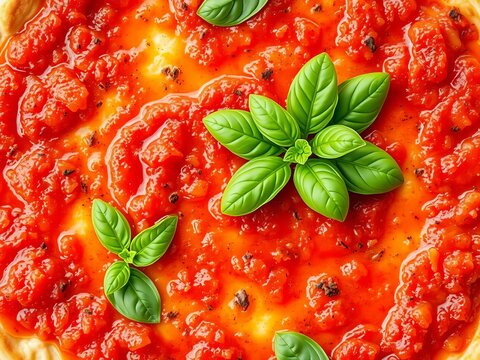 Fresh basil leaves dancing on top of a golden-brown crust, surrounded by a circle of tangy tomato sauce, delicious, simple
