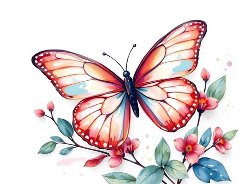 Whimsical butterfly design with delicate brush strokes and leaves on a crisp white background, decorative illustration, simple