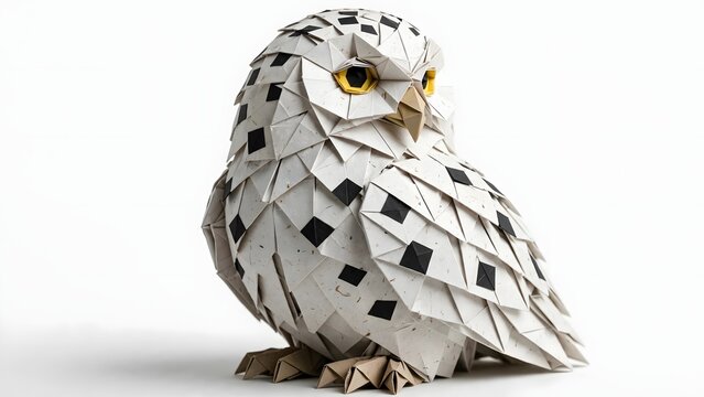 Intricate geometric origami snowy owl craft model on clean white background professional rendering