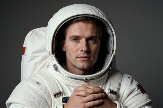A formally dressed astronaut stands with hands clasped in front of his torso, wearing a white spacesuit with red mission patches and a transparent helmet, set against a plain dark