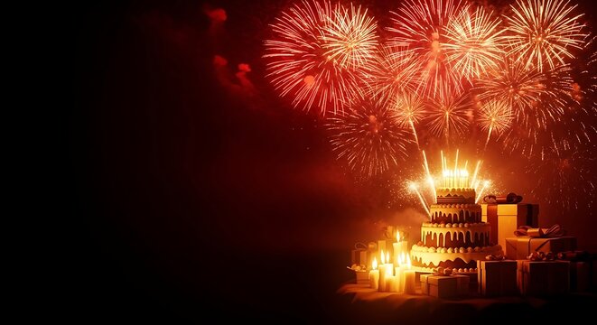 Fireworks exploding in the night sky above a burning building