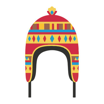 Colorful winter beanie chullo hat with ear flaps and geometric patterns, vector illustration isolated on a white background. Ideal for cold weather apparel graphics.   
