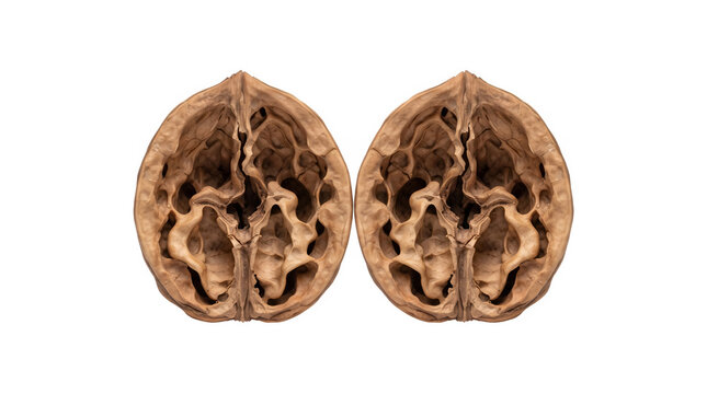 Empty walnut shells on white background, two halves of cracked brown walnut husks, textured organic wood pattern of open nut shells