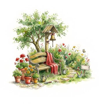 Watercolor garden scene with a wooden bench featuring flowers and trees for t shirt bag cup mug and other various print design