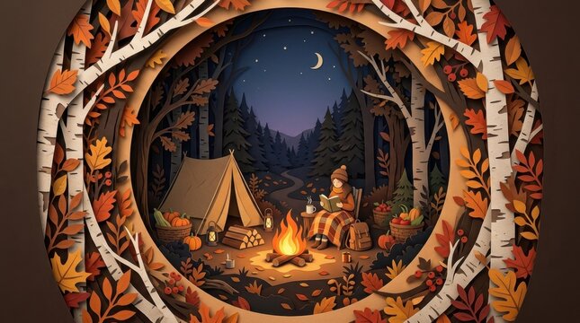 Autumn forest campfire scene with a reader by a tent under a crescent moon