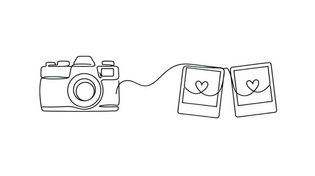 Continuous line camera printing photos with hearts isolated on transparent background