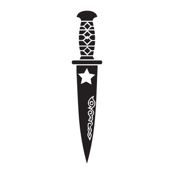 Black and white dagger vector icon featuring a star emblem and decorative handle, isolated on a white background. Ideal for tattoos, gaming assets, and military logos.   