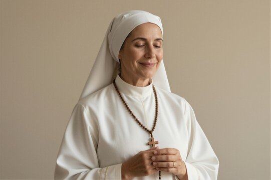 A Catholic Nun in Traditional White Habit Prays with a Wooden Rosary Against a Neutral Beige Background.