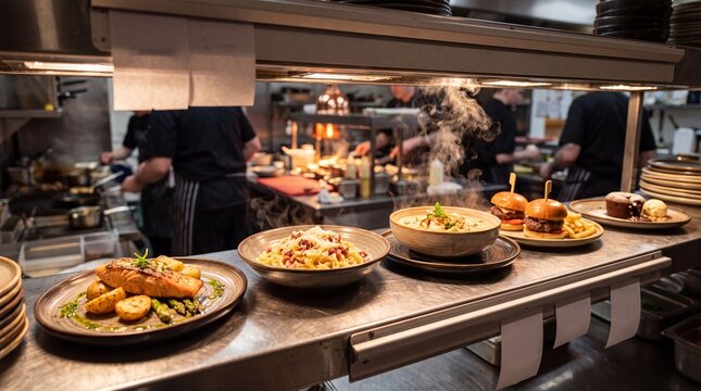 Restaurant Kitchen Pass with Plated Dishes Ready for Service