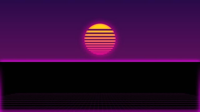 1980s retrowave animated background with segmented sunset, digital grid, and wireframe mountains. Ideal for gaming streams, VJ loops, tech presentations, and vaporwave or synthwave music videos.