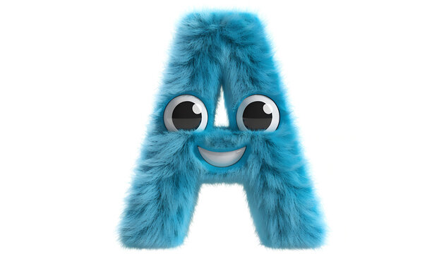 Blue fuzzy anthropomorphic letter A character with large eyes isolated on white background