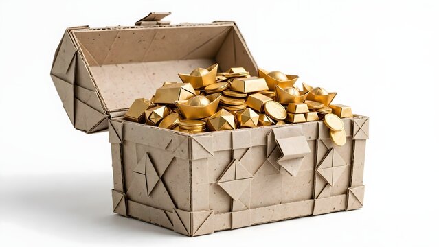 Handmade cardboard treasure chest filled with shiny golden coins and ingots on a clean white background