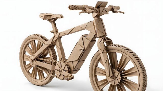 Cardboard origami electric bicycle concept in low poly 3D render isolated on white background