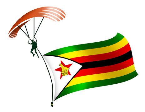 A skydiver, A paratrooper, A parachutist carrying a flag of Zimbabwe
