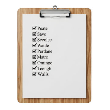 Wooden clipboard with a paper checklist of completed tasks isolated on white background