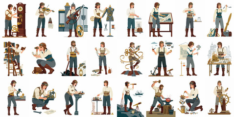 Fototapeta premium Large Collection of Steampunk Characters and Inventors Engaged in Various Hobbies and Professional Activities Isolated on White Background