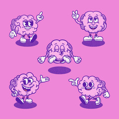 Obraz premium Cute funny brain retro mascot character bundle. Mental health. Groovy, cartoon, logo, icon, illustration, vector, sticker