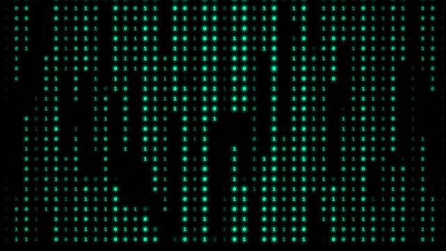 Green digital code cascades down a black background in a continuous stream