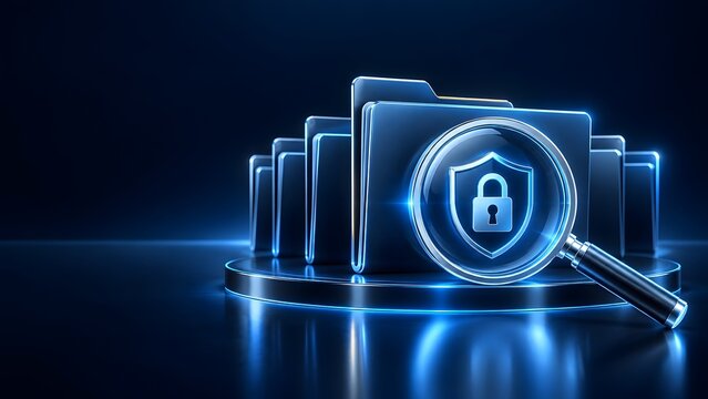 Digital data security audit concept with magnifying glass analyzing encrypted corporate folders