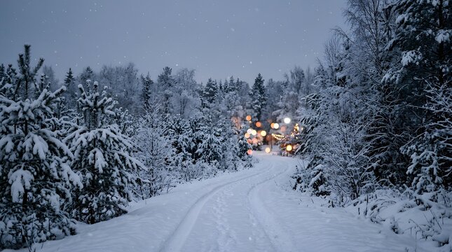 A serene winter landscape unfolds showcasing a warmly lit cabin nestled deep within a snow covered forest evoking feelings of peace tranquility and