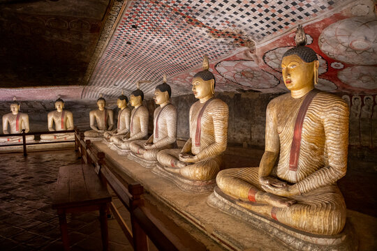 Row of seated Buddha statues in meditation pose with painted rock ceiling at Dambulla Temple. The Dambulla Cave Temple, also known as the Rangiri Dambulla Cave Temple