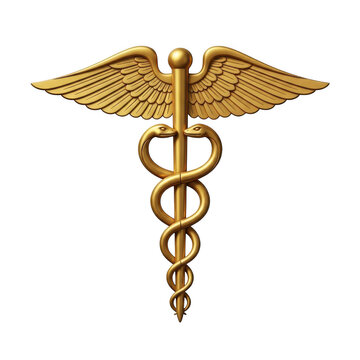Metallic caduceus medical symbol with golden snakes and wings isolated on white background