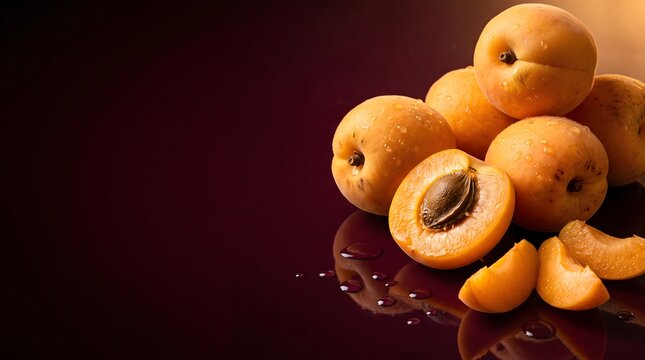 Fresh Ripe Apricot with Cut Half and Water Droplets on Dark Background