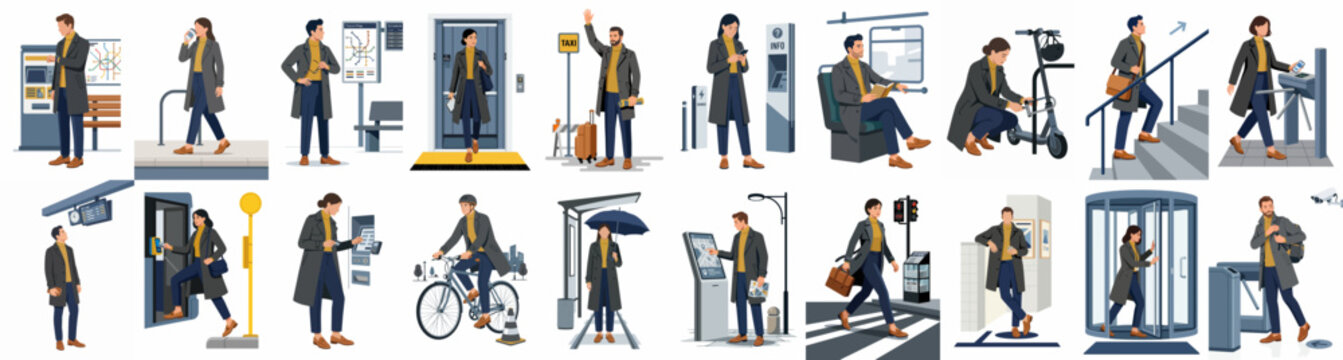 Vector illustration set of a man in urban settings, performing daily activities like commuting, using public transport, and navigating city streets.