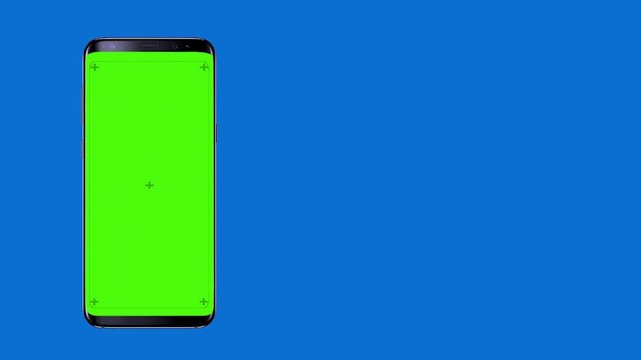 Brushed black realistic phone frame animates onto the screen from bottom of frame, graphic template. Chroma key green, on blue 4k loop animates.