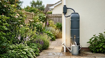 Obraz premium Slim rainwater harvesting barrel filling a watering can in a beautiful garden with flowers