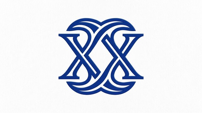 A symmetrical blue geometric emblem features two interlocking letter X shapes on a white.