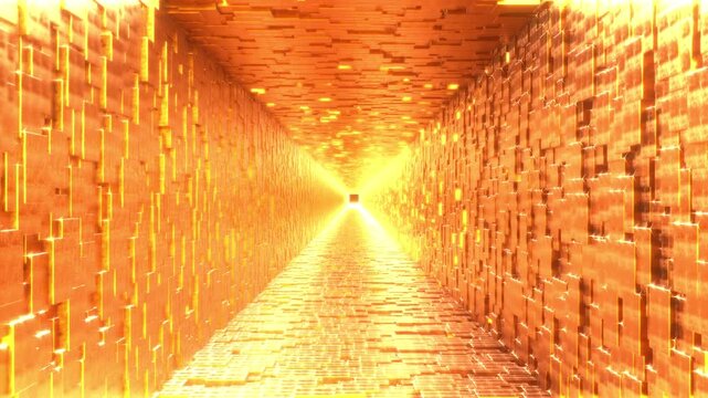 A seamless looping animation that flies through a shimmering golden corridor made up of 80,000 3D cubes of random sizes as procedural geometric 3d render and materials. 