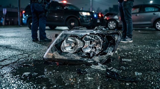 Shattered Car Headlight on Wet Pavement After Accident.