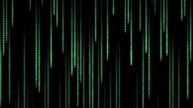 Green binary code streams cascade down a black background