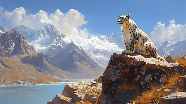 Snow Leopard Sitting on Rock Mountain Peak Landscape Wildlife Nature Concept Background 3D Render   