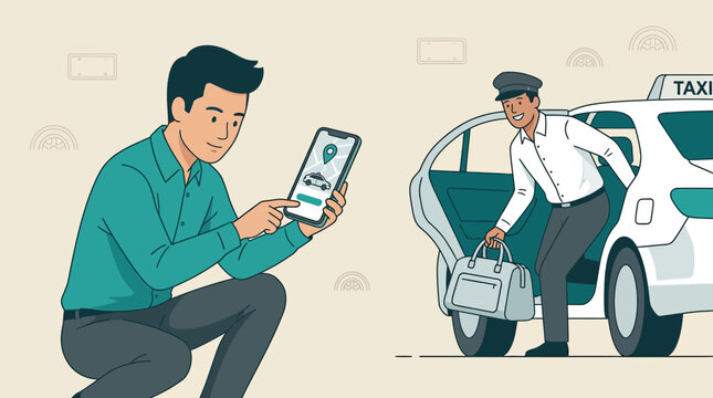 Man using taxi app to book ride, driver with bag by car