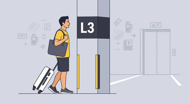Man with luggage near elevator and floor sign L3, airport or hotel