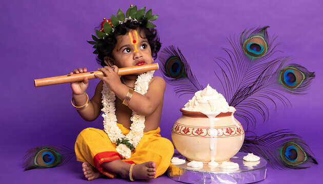 Beautiful cute baby lord Krishna playing flute by a butter pot and peacock feathers celebrating Hindu festival Krishna Janmashtami on purple backdrop.