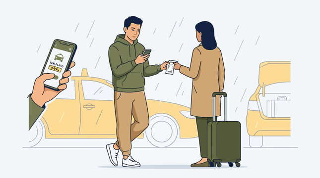 Man using ride-sharing app to hail taxi in rain, paying driver