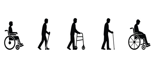 Obraz premium Black silhouette vector icons of disabled people using different mobility aids.