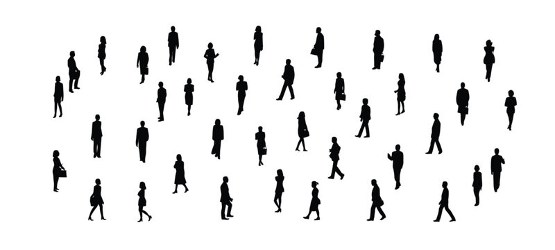 Silhouettes of business people in professional attire walking and standing for urban architectural design visualization.