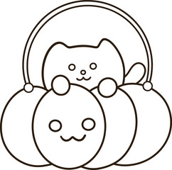 Obraz premium Cute Cat Pumpkin Basket Clipart Halloween Kitten Line Art Icon Minimalist Coloring Page
