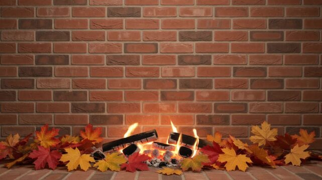 Cozy Fireplace Hearth Decorated with Autumn Leaves and Burning Wood Logs against Brick Wall Background